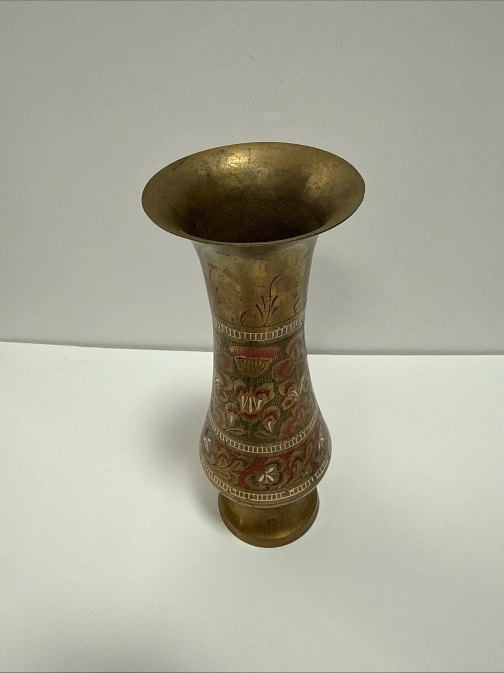 Solid Brass Decorative Vase with Red Accents hand etched from Saudi Arabia